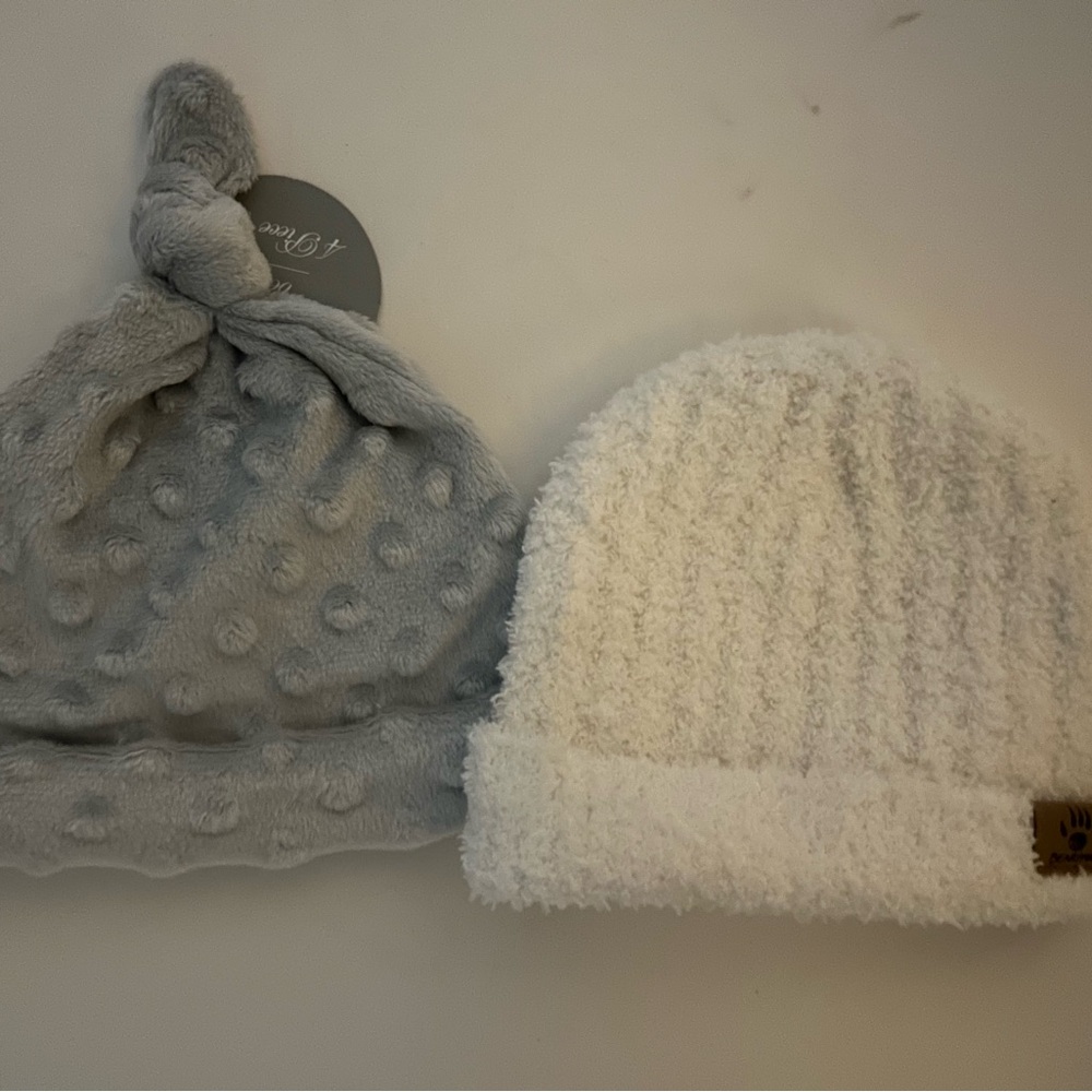 Soft and fuzzy set of two baby beanie hats
